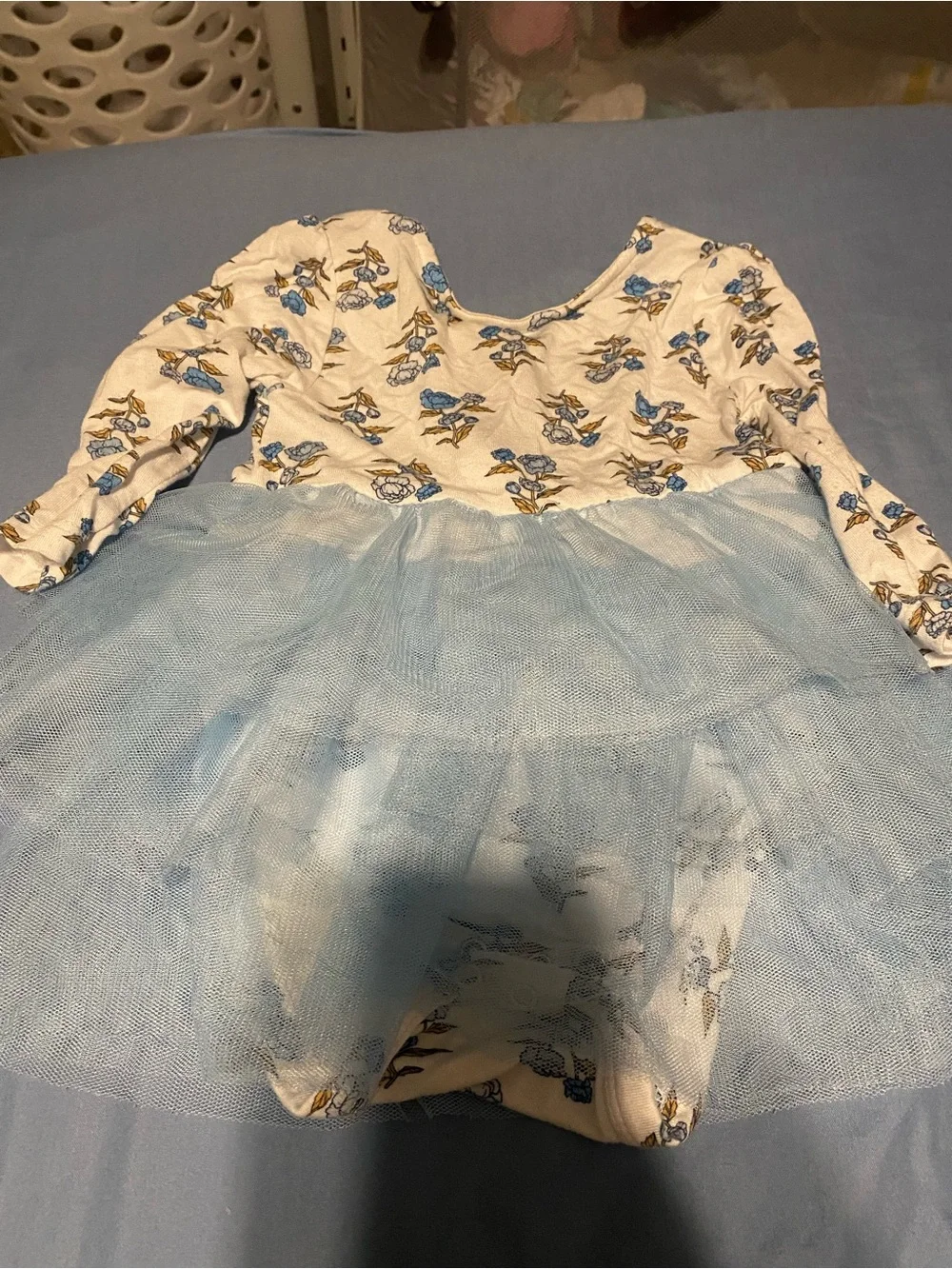 Cream Floral Bodysuit with Blue Tulle Skirt